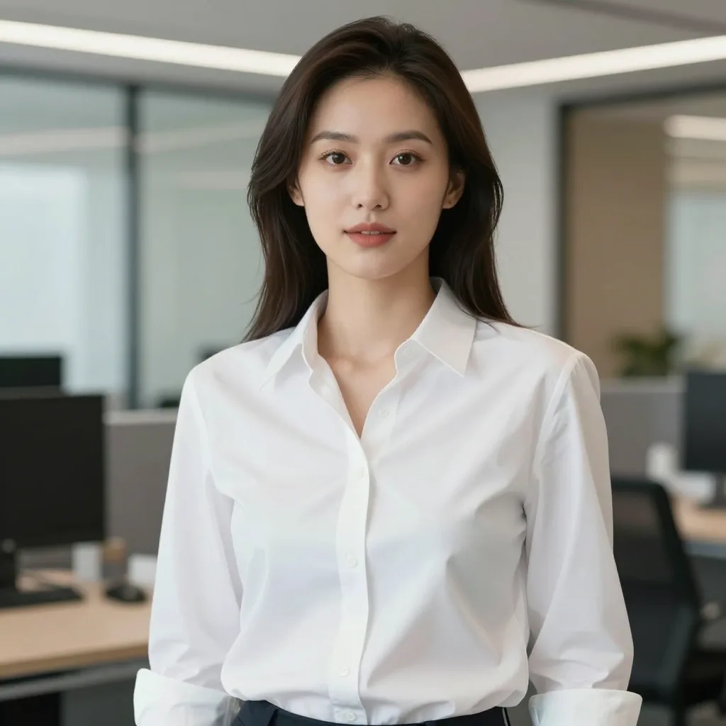 High quality woman wearing a stylish white shirt in a modern office